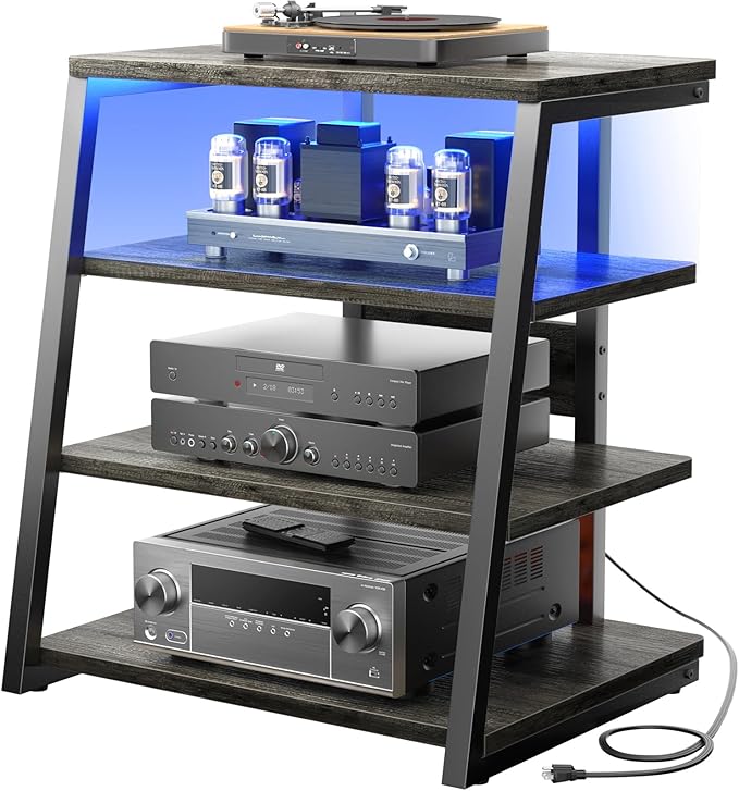 Armocity 4-Tier AV Media Stand with Power Strips, Stereo Stand with LED Lights, Rack Audio Tower with Adjustable Shelves, Small Entertainment Center, 30'', Grey Oak