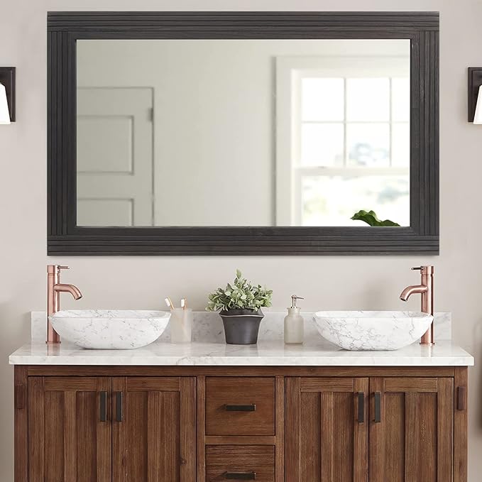 YOSHOOT Hand-Made Wooden Spliced Wall Mirror for Bathroom, Rustic Farmhouse Vanity Mirror, Décor Wall Art, Solid Wood Frame, Vertical or Horizontal Hanging, 72" x 36", Black