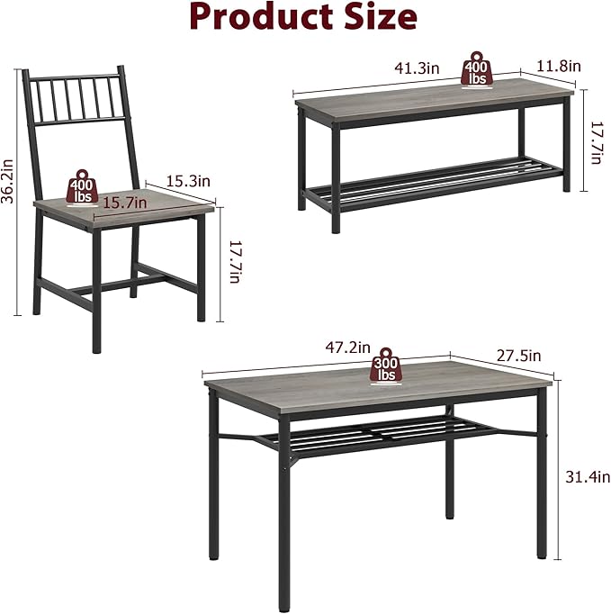 Dining Table Set for 4, Kitchen Table for 4 with Bench and 2 Chairs, 4-Piece Dining Table Set for Apartment, Small Space, Gray