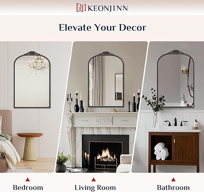 Keonjinn Arched Wall Mirror, 48" x 22" Vintage Mirror Full Length, Black Traditional Decoration Baroque Style, Ornate Mirrors for Hallway, Fireplace, French Cleat Mounting