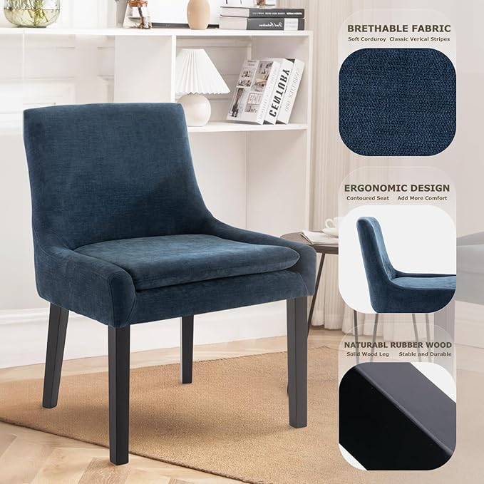 COLAMY Modern Dining Chairs Set of 6, Upholstered Corduroy Accent Side Leisure Chairs with Mid Back and Wood Legs for Living Room/Dining Room-Blue