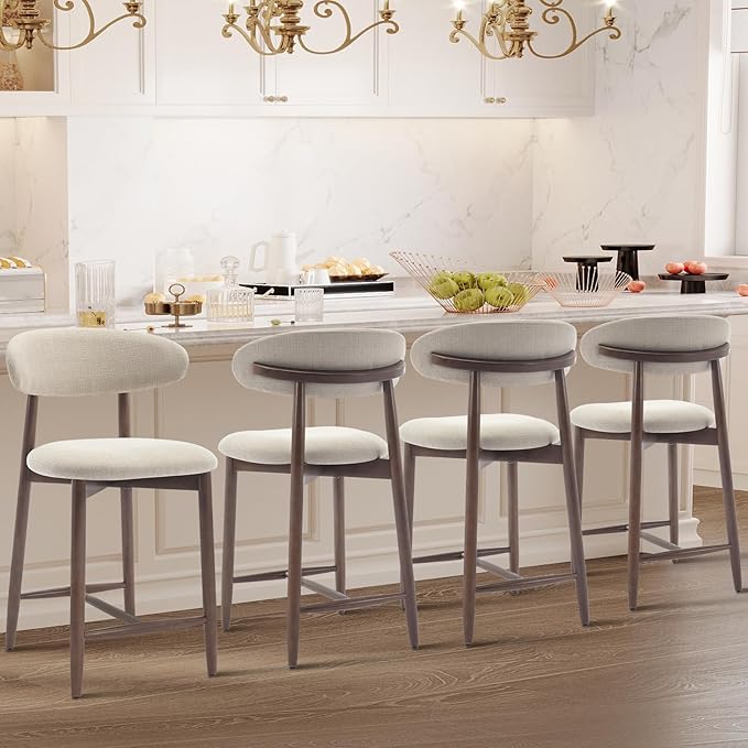 COLAMY Counter Height Bar Stools Set of 4, Kitchen Bar Stools with Back, Mid Century Modern Upholstered, with Wood Legs for Kitchen Island Dining Room, Beige
