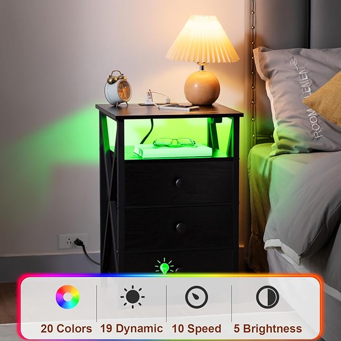 AMHANCIBLE Night Stand Set 2, LED Nightstand with Charging Station, End Side Tables with USB Port & Outlet, Bedside Table with Fabric Drawers for Bedroom Living Room, Black, HET053LBK