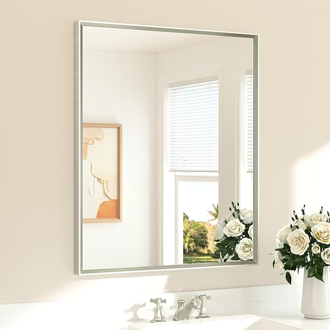 TETOTE Brushed Nickel Mirror for Bathroom Sink 30" x 36" Beveled Frame Brushed Nickel Vanity Rectangle Mirror for Bathroom Wall, Modern Farmhouse, Tempered Glass, Shatterproof, Stronger Frame