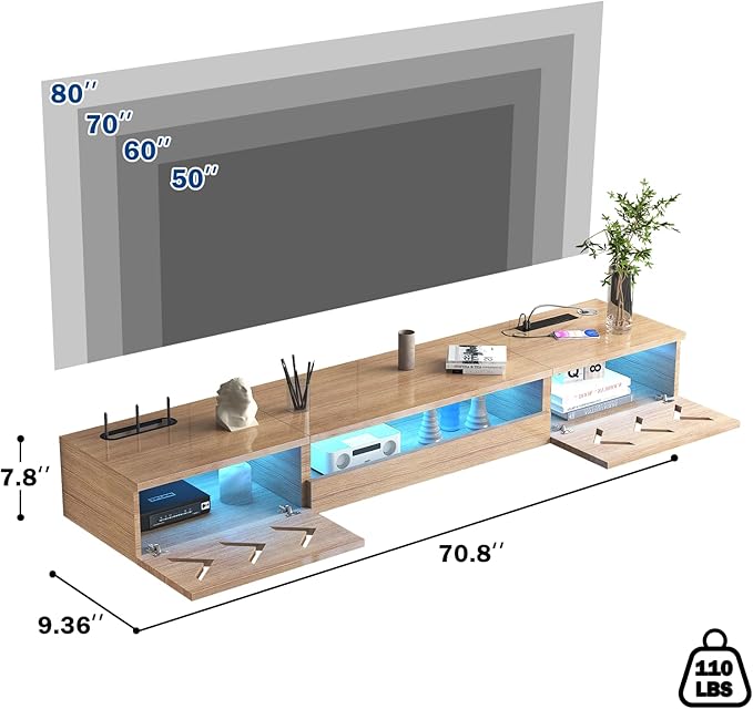 Floating TV Stand, 71" Floating Entertainment Center Wall Mounted,Floating Wall Mounted TV Shelf with Led Lights and Power Outlet,Modern High Gloss tv Cabinet Media Console with Storage