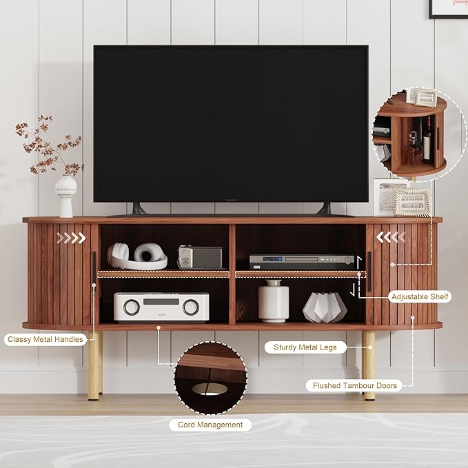 GarveeHome 47.2" TV Stand, Modern TV Console Table with Storage Compartment and Sliding Door, Gaming Entertainment Center with Cabinet for Living Room, Bedroom, Office, Walnut