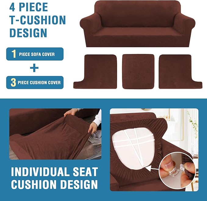 H.VERSAILTEX Sofa Cover 4 Piece T Cushion Sofa Slipcovers Thick Velvet Couch Cover Stretch T Cushion Sofa Covers for 3 Cushion Couch with 3 Individual T Cushion Covers, Burnt Brick