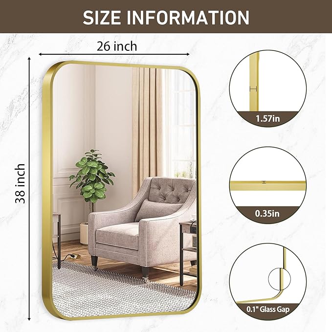 Matte Gold Mirror, 26x38 Inch Brushed Gold Mirror, Aluminum Alloy Framed Vanity Mirror, Rounded Rectangle Bathroom Mirror for Over Sink, Anti-Rust Wall Mirror (Horizontally or Vertically)