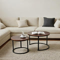 FAHKNS Nesting Coffee Table Set of 2, 27.56" & 19.68" Round Simple Industrial Side Tables for Living Room with Wood Top & Metal Base, Space-Saving Furniture for Small Spaces