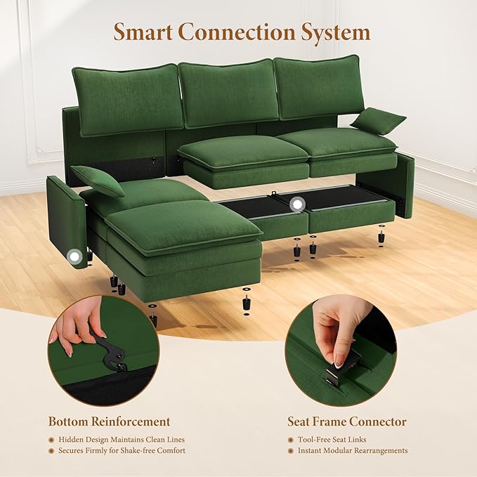 Vesgantti 142" U Shaped Sectional Couch, Comfy Cloud Modular Sectional Sofa with 2 Ottoman Deep Seat Chenille Modern Cloud Sofa, Modular Sofas for Living Room, Bedroom and Apartment, Green