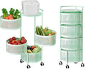 JAQ Kitchen Storage Rack No Assembly, 4-Tier Metal Storage Tower Basket Shelves Organizer on Rolling Wheels with Removal Drawers for Fruit Vegetable Grocery Corns Potato Onion (4-Tier, Green)
