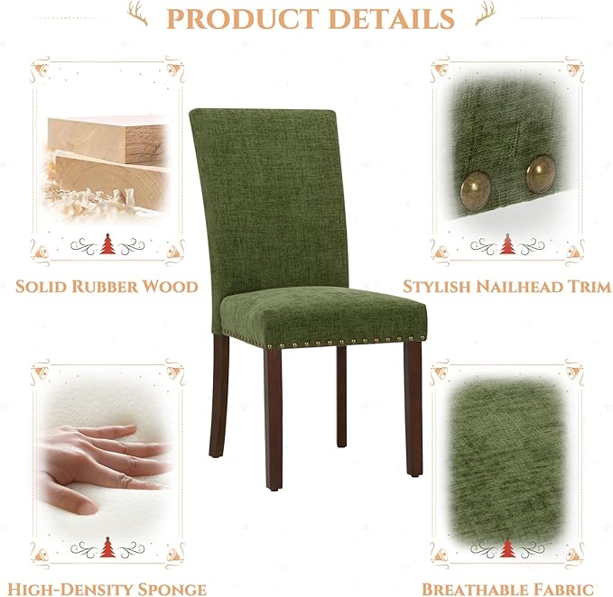 Parsons Dining Chairs Set of 2, Upholstered Nailhead Dining Room Kitchen Side Chair with Thick Cushions and Wood Legs, Green