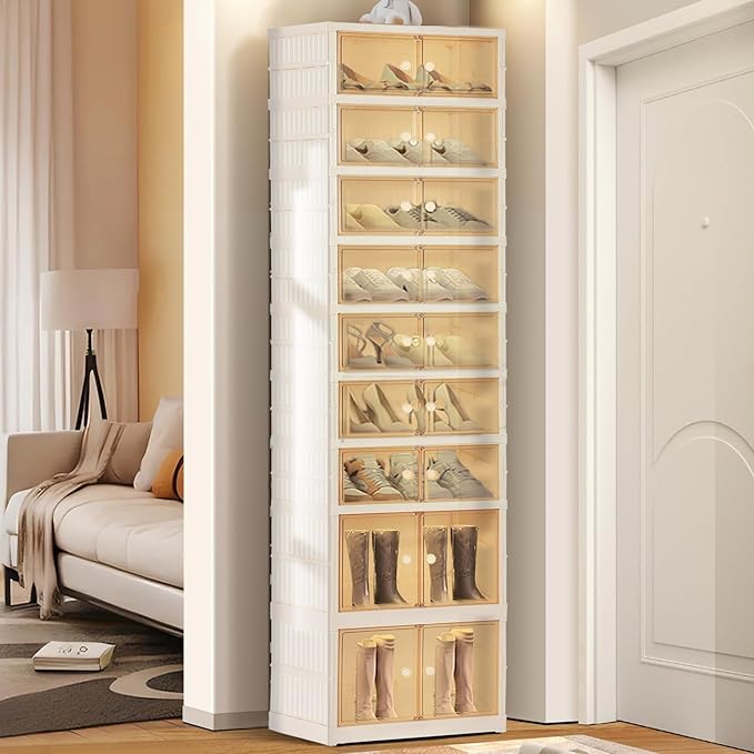 Foldable Shoe Organizer Storage Box, Portable Extra Large Folding Shoe Rack for Closet, Shoe Storage Box with Magnetic Transparent Door and Wheels, 9 Layers 18 Grids with 4 Big Grids