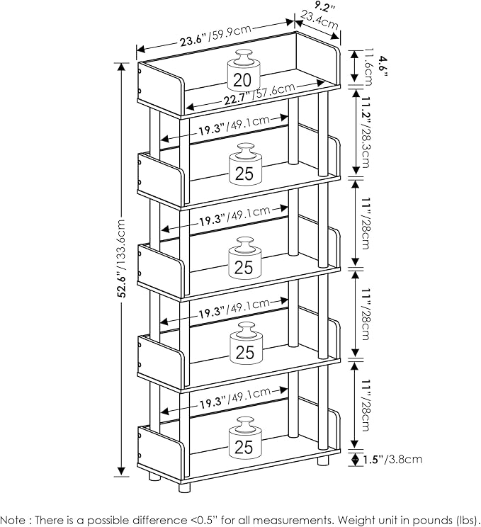 Furinno Turn-N-Tube 5-Tier Multipurposes Display Rack, Open Shelf Rack/Storage with back & side panel, Flagstaff Oak/Black