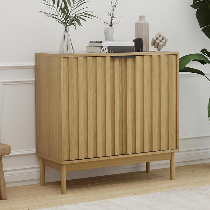 Fluted Cabinet with Storage, Buffet Cabinet Sideborad with Door, Kitchen Buffet Storage Accent Cabinets with Adjustable Shelves for Living Room, Entry, Hallway, Natural