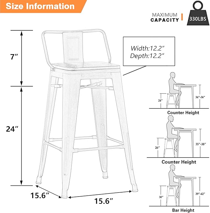 Yongchuang 24 inch Barstools Set of 4 Counter Height Bar Stools Farmhouse Kitchen Metal Bar Chairs with Wood Seat Low Back Cream White