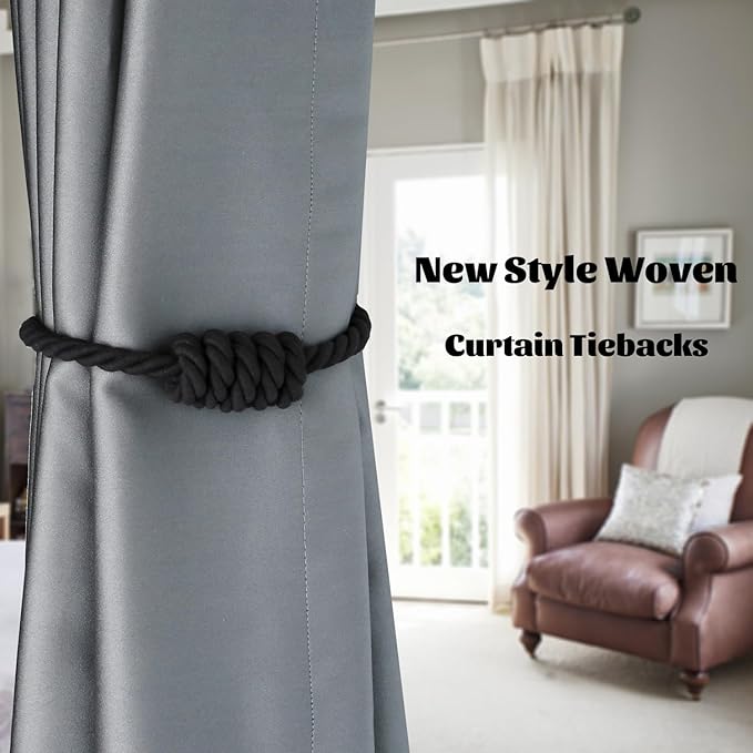 BEL AVENIR Magnetic Cotton Curtain Tiebacks, Decorative Drapery Holdbacks Modern Woven Tie-Backs with Exquisite Knot (Black Cotton, 2 Pack)