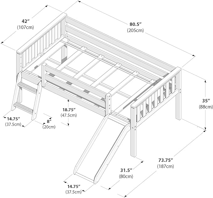 Max & Lily Twin Ultra Low Loft Bed with Slide and Climbing Ladder, Solid Wood Bed for Kids, Space Saving Design for Small Rooms, Twin Size Loft Bed with 14 Inch Guardrails, Anti Slip Steps, White