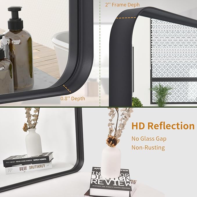 Bathroom Mirror 24x36 inch, Black Gorgeous Deep Frame Wall Mirror, Modern Round Corner Bathroom Vanity Mirror for Bedroom, Living Room, Hanging or Leaning Horizontal or Vertical, Black