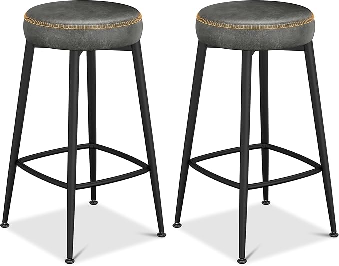 Counter Height Bar Stools, 26" H Backless Bar Stools Set of 8, Upholstered Faux Leather Kitchen Counter Stools, Mid Century Modern, Kitchen Island Home Bar, Pub, Black Grey