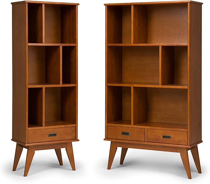 SIMPLIHOME Draper Bookcase - 64 inch Tall Solid Hardwood Storage Bookshelf in Teak Brown, Mid-Century Modern Storage for Living Room, Study Room or Office with Adjustable Shelves and Angled Legs