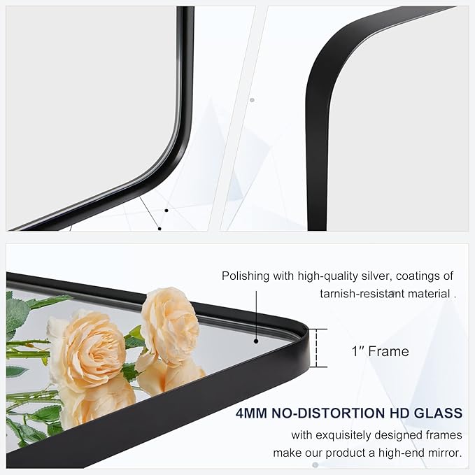 ANDY STAR Black Bathroom Mirror, 24”x40” Rounded Corner Rectangle Mirror, Modern Metal Frame Bathroom Vanity Mirror(Matte Black Finish)