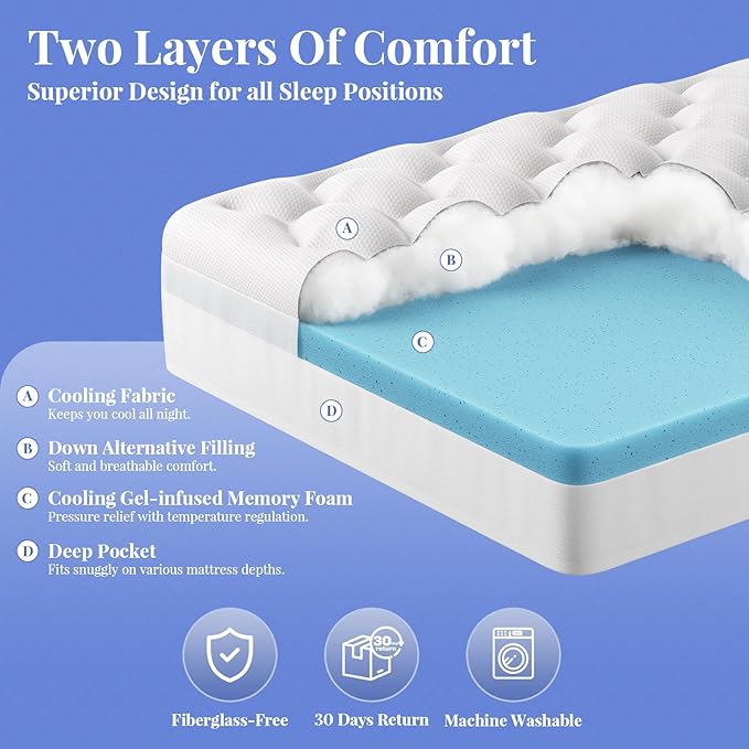 OhGeni Cooling 4 inch Dual Layer Twin Mattress Topper, 2 inch Cooling Gel Memory Foam, 2 inch Down Alternative Pillow Top Pad, Mattresses Cover for Bed, Medium Support, Fits 6”-19” Deep Pocket