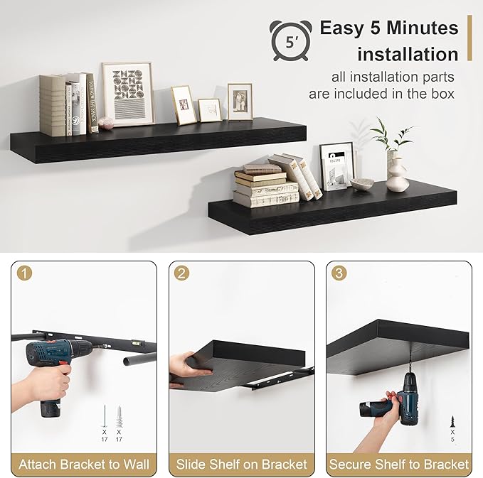12" Deep Black Floating Shelves,Over Toilet Long Wall Mounted Modern Farmhouse 36 inches,Wall Shelves with Invisible Brackets for Bedroom, Bathroom, Living Room, Kitchen, Set of 1