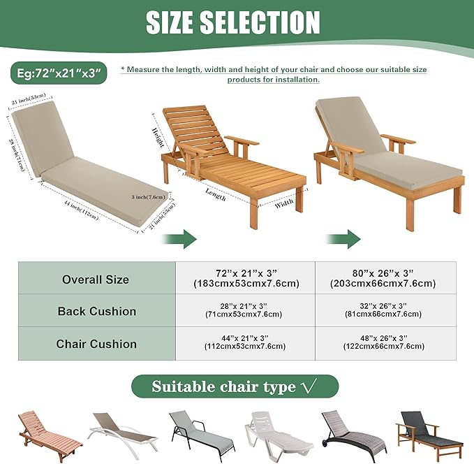 Chaise Lounge Cushions Outdoor Set of 4 - Waterproof and Fade Resistant Sun Lounger Replacement Cushion - Patio Lounger Pads with Removable Cover for Pool, Deck, Lawn, 72 x 21 x 3 Inch, Cream
