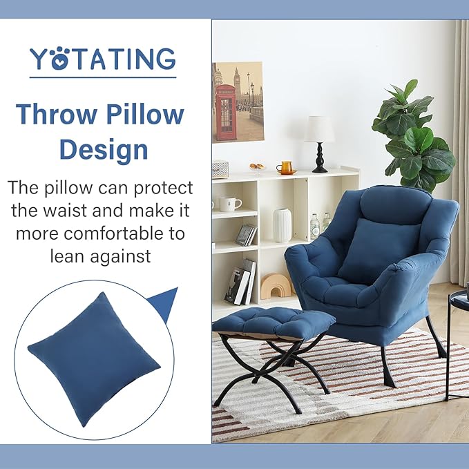 Lazy Chair with Ottoman, Comfy Reading Chair with Footstool & Pillow Modern Lounge Chair with Armrests & Side Pocket for Living Room, Bedroom, Dorm Room，Royal Blue