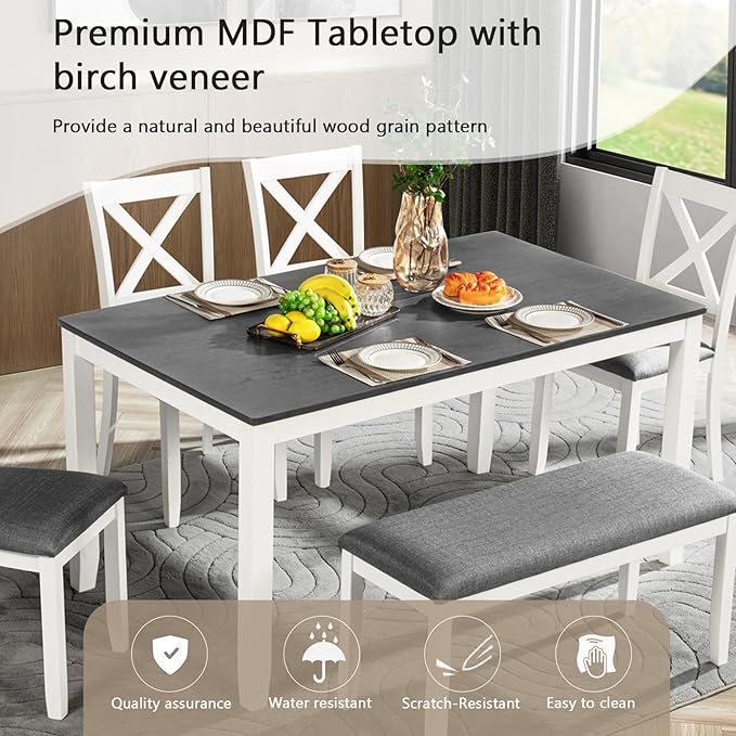 KEIKI 6-Piece Standard Height Dining Table Set with Rectangular Table, 4 Upholstered Chair, Bench, for 6 Person, Modern Style Wooden Table Set, Easy Assembly, for Kitchen, Dining Room, White+Gray