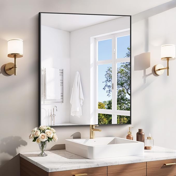 YIROMAN Bathroom Mirror 30"x36", Matte Black Bathroom Mirror for Over Sink with Aluminum Frame, Rectangular Vanity Mirror with Right Angle, Wall Mirror Hangs Horizontal or Vertical, Shatterproof
