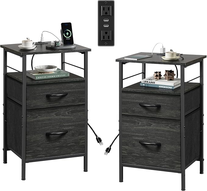 WLIVE Night Stand Set 2, Black Nightstand with Charging Station, Bedside Tables for Bedroom, Side Table with Fabric Drawers, USB Ports and Outlets