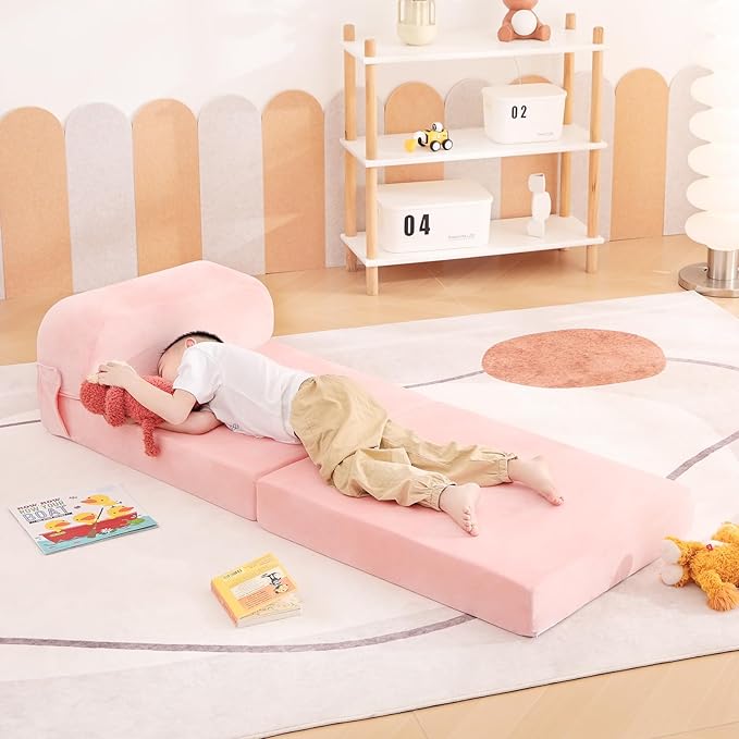 Tiita Folding Sofa Bed for Kids, Toddler Fold Out Couch with Removable Cover, Futon Sleeper Chair for Living Room, Guest Room, Pink