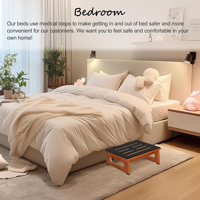 Wooden Step Stool with Non-Slip Rubber Feet Step, Heavy Duty Platform Stepping Stools with 450 LBS Capacity for Bedroom Kitchen Bathroom, Bed Steps for High Beds, Bedside Support