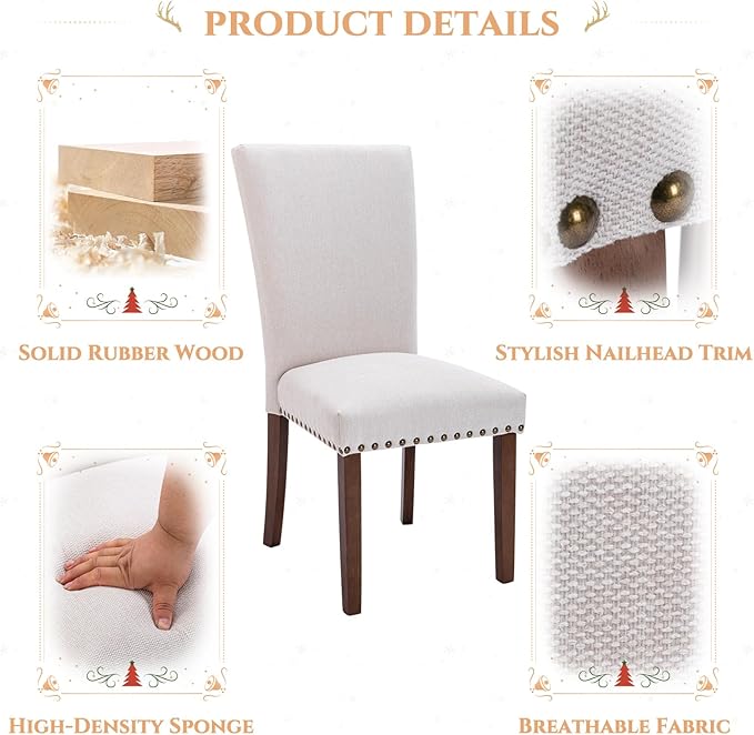 Set of 4 Beige Upholstered Dining Chairs, Farmhouse Kitchen Chairs with High Back Support, Solid Rubberwood Legs, Comfortable Padded Seat, Bronze Nailhead Trim, Dining Room Chairs for Family Meals