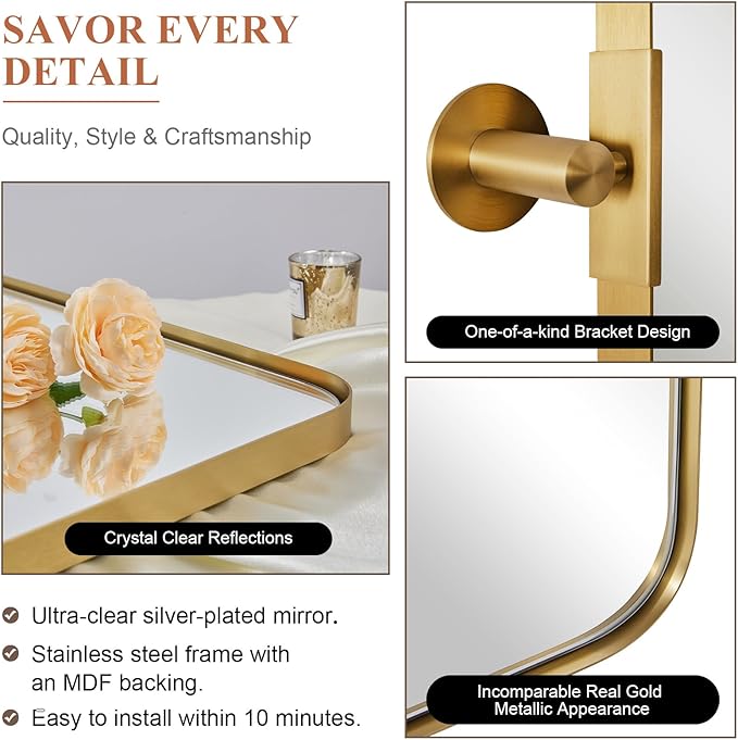 MOON MIRROR 30" x 22" Brushed Gold Rectangle Bathroom Mirror, Tilting Rounded Rectangular Metal Framed Pivot Wall Mirror, Hangs Horizontally Only(Overall 33.75" x 22")