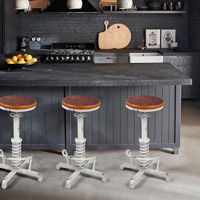 American Antique Steampunk Bar Stool 24.41"-28.35" Vintage Industrial Adjustable Swivel Backless Counter Stool for Home, Dining, Breakfast, Pub, (Heavy Duty Metal & Wood, Aged White, Brown Top)