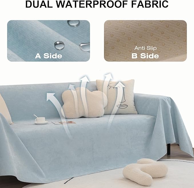 STACYPIK Waterproof Pet-Friendly Couch Cover, Non-Slip Light Blue Sofa Cover for 2 Cushion Couch, Anti Scratch Sofa Cover for Dog, Washable Furniture Protector for Living Room, Loveseat Cover-71X118IN