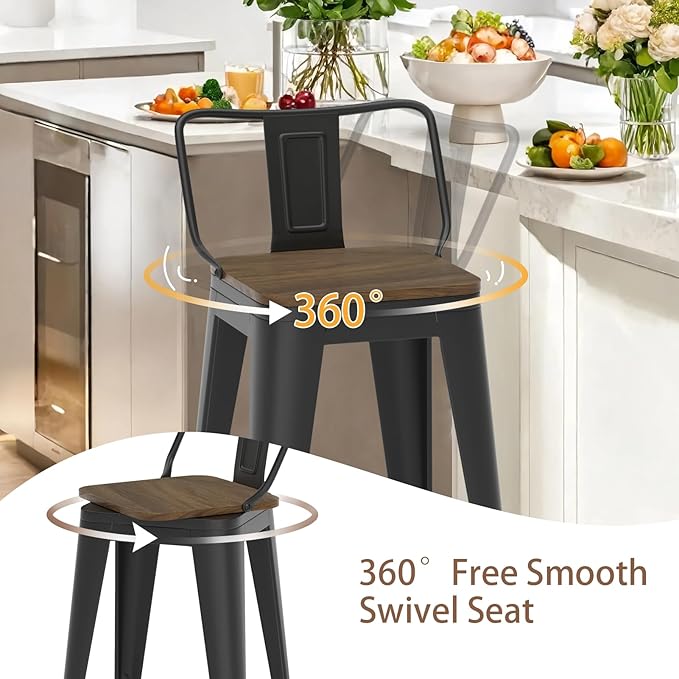 30 Inch Swivel Bar Stools Set of 4, Counter Height Bar Stools with Low Back, Metal Industrial Bar Chairs for Kitchen Island (Matte Black)