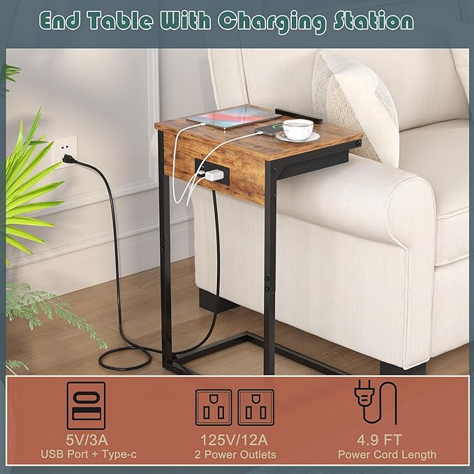 C Shaped End Table with Charging Station,45° Tiltable Adjustable Flip Top Side Table Set of 2,Small C Table Set 2 for Small Spaces,Slide Under Couch Sofa Bedside Table Living Room,Rustic Brown