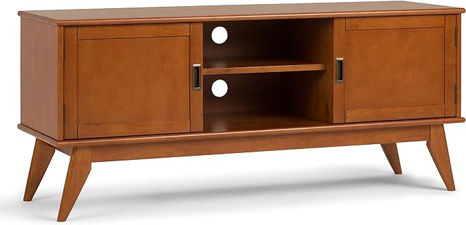 SIMPLIHOME Draper SOLID HARDWOOD 60 inch Wide Mid Century Modern TV Media Stand in Teak Brown For TVs up to 65 inches for the Living Room and Entertainment Center