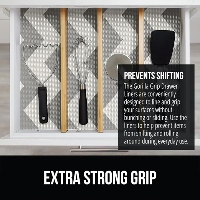 GORILLA GRIP powerGRIP Drawer Shelf and Cabinet Liner, Thick Strong Hold, Non-Adhesive Liners Protect Kitchen Cabinets and Cupboard, Bathroom Drawers, Easy Install, Breathable Mat, 20" x30', Chevron