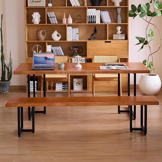 Solid Wood Administrative Desk, Dining Table with Durable Metal Legs, Uniquely Designed Leisure Table, Perfect for Restaurants and Home Offices, (Wood Brown, 55.12in)
