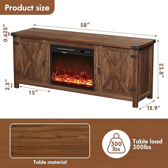 YESHOMY Fireplace TV Stand with Two Barn Doors and Storage Cabinets for Televisions up to 65+ Inch, Entertainment Center Console Table, Media Furniture for Living Room, 58 Inch, Brown