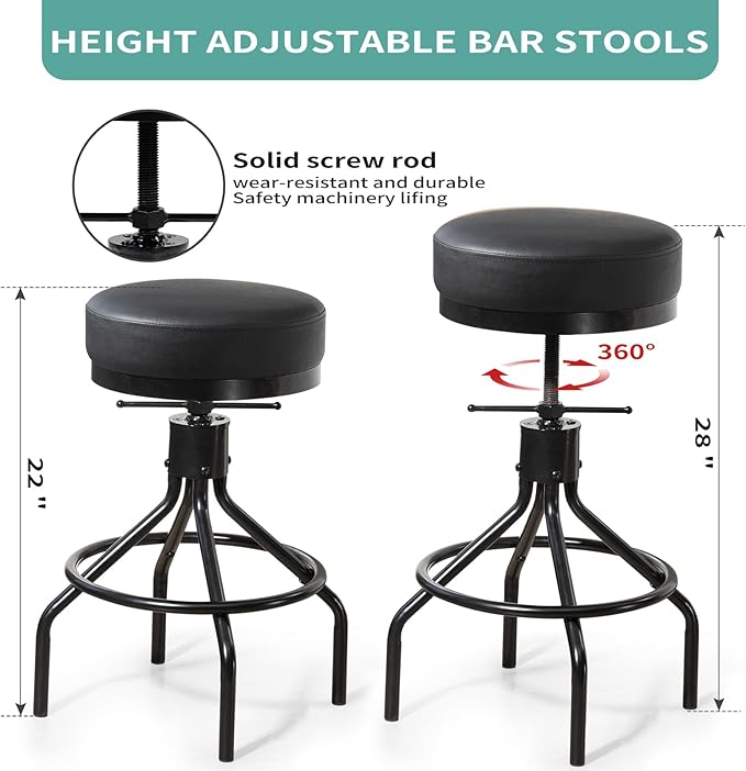 Industrial Bar Stools Set of 3 Adjustable Barstools Swivel Modern PU Leather 28inch Round Backless Kitchen Counter Height Metal Stool Bar Chair for Kitchen Island (3, Black)