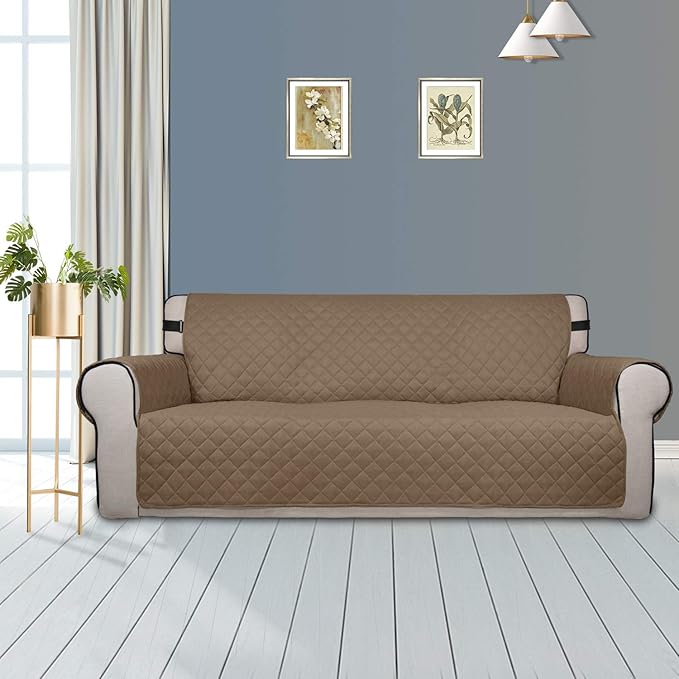PureFit Reversible Sofa Couch Cover Water Resistant Couch Covers for 3 Cushion, Washable Furniture Cover with Non-Slip Foam and Adjustable Strap for Dogs, Pets (Oversized Sofa, Camel/Ivory)
