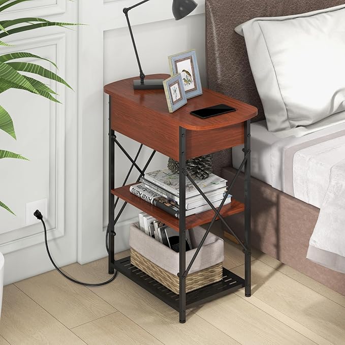 Narrow Side Table with Charging Station, End Tables Set of 2 for Small Spaces, Flip Top End Table with Storage, Side Tables Set 2 Living Room, Nightstand with Drawer for Bedroom, Cherry