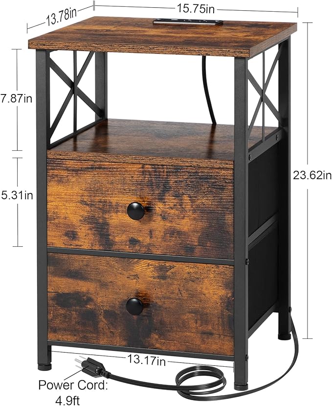AMHANCIBLE Night Stand Set 2, Nightstand with Charging Station, End Tables Living Room with USB Ports and Outlets, Bedside Tables with Fabric Drawers for Bedroom, Rustic Brown HET05XBR