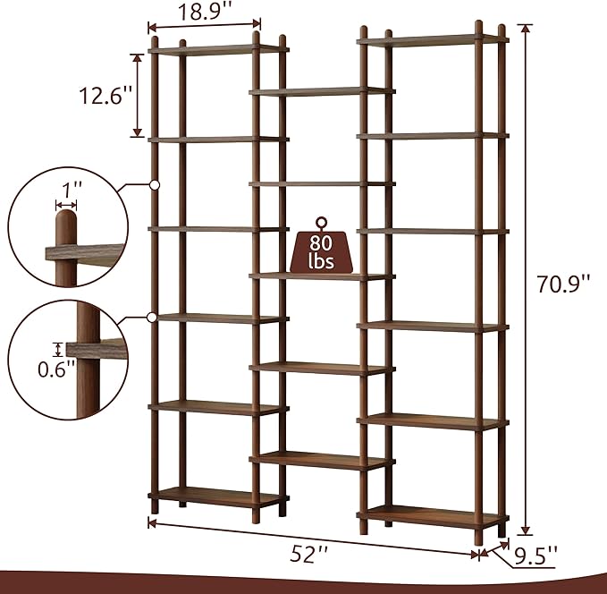 IOTXY Wooden Triple Wide Bookshelf - 6-Tier Large Shelf Bookcase with Solid Beech Frame, Tall Freestanding Open Etagere Display Rack for Home Office, Walnut